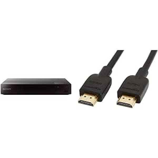 Sony BDP-S3700 Blu-ray atskaņotājs (Super WiFi, USB, ekrāna spoguļošana) Black & Amazon Basics liela ātruma HDMI kabelis 2.0, Ethernet, 3D, 4K video atskaņošana un ARC, 0,91 m