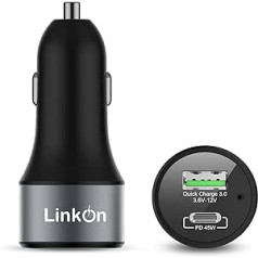 LinkOn Car Charger with USB-C PD3.0 and USB-A Qualcomm QC3.0 for MacBook, Google Pixel, iPad, iPhone X, 8, Samsung S8 S9 S10 S10+ Android and Nintendo Switch