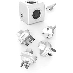 Travel-Cube ReWirable DuoUSB, strāvas kubs 4 spraudņiem un 2 USB pieslēgvietām (2,1 A), vairākas ligzdas ar Schuko kabeli un 3 ceļojumu adapteri UK ASV AUS, pelēks/balts