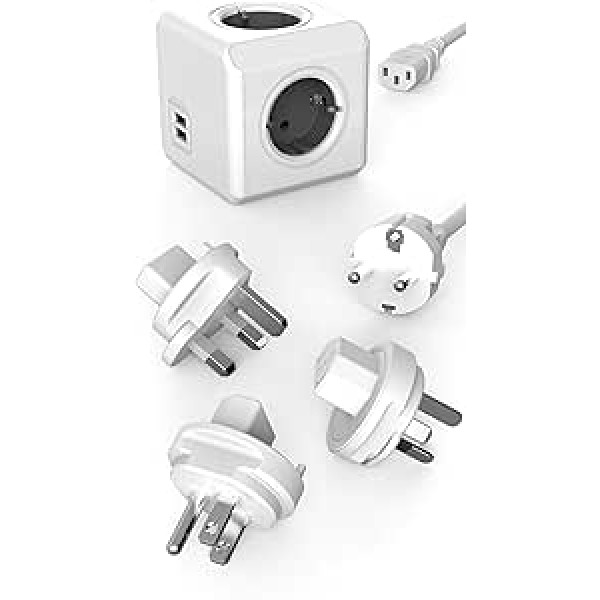 Travel-Cube ReWirable DuoUSB, strāvas kubs 4 spraudņiem un 2 USB pieslēgvietām (2,1 A), vairākas ligzdas ar Schuko kabeli un 3 ceļojumu adapteri UK ASV AUS, pelēks/balts