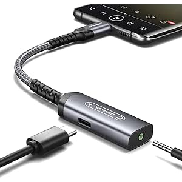 JSAUX USB C austiņu adapteris un uzlāde, 60 W ātrās uzlādes tipa C līdz 3,5 mm ligzda 2-in-1 audio ierīcēm Samsung S23/S22/S21/S20, Huawei P40/P30/P20, iPad Pro, Pixel Grey