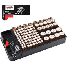 Bateriju organizators, bateriju uzglabāšanas futrālis 110 dažādu izmēru bateriju slotiem AAA, AA, 9V, C, D un pogu baterijām ar noņemamu bateriju testeri Makerfire