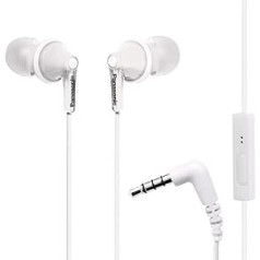 Panasonic ErgoFit Kabelgebundene Ohrhörer, In-Ear-Kopfhörer ar Mikrofon un Anrufcontroller, ergonomisks, passgenaue Ohrhörer (S/M/L), 3,5 mm-Klinkenstecker für Handys und Portstops – RP-TCM125-W