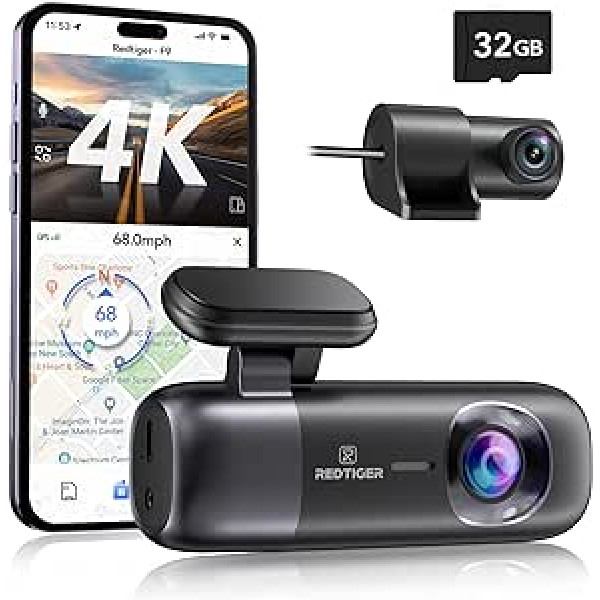 REDTIGER Dash Cam automašīnas priekšējā un aizmugurējā 4K/1080P, WiFi GPS automašīnas kamera ar bezmaksas 32 GB SD karti, cilpas ierakstīšana, nakts redzamība, stāvēšanas režīms, viedā lietotņu vadība, atbalsts līdz 256 GB