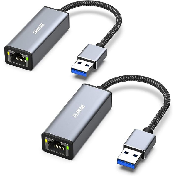 BENFEI USB–Ethernet adapteris, USB 3.0–RJ45 1000Mbps Ethernet LAN tīkla adapteris, kas saderīgs ar klēpjdatoru, dators ar operētājsistēmu Windows 7/8/10, XP, Vista, Mac, 2 pack