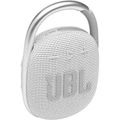 JBL CLIP 4 Bluetooth skaļrunis baltā krāsā — ūdensizturīgs, pārnēsājams mūzikas kastīte ar praktisku karabīni — līdz pat 10 stundām bezvadu mūzikas straumēšanas