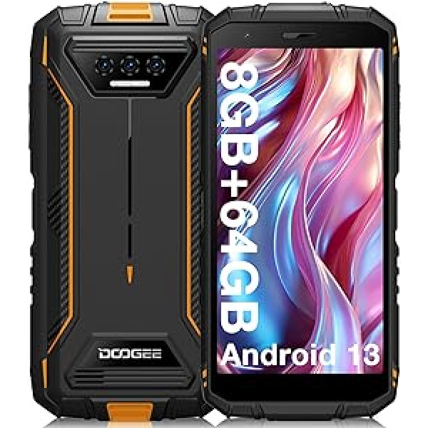 DOOGEE S41T [2023] Izturīgs viedtālrunis, 8 GB + 64 GB neiznīcināms tālrunis, TF 1 TB, 6300 mAh Android 13 tālrunis, 13 MP trīskāršā kamera, 5,5 collu HD+, NFC/GPS/IP68/IP69K oranžs