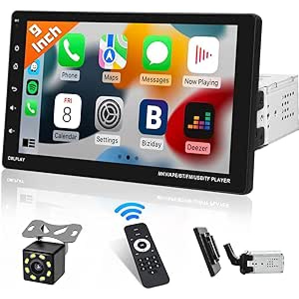 Hikity 1 DIN automašīnas radio ar 9 collu noņemamu ekrānu ar Carplay un Android Car 1080P HD skārienekrāna automašīnas radio Bluetooth atbalsts MirrorLink FM SWC USB AUX + atpakaļgaitas kamera