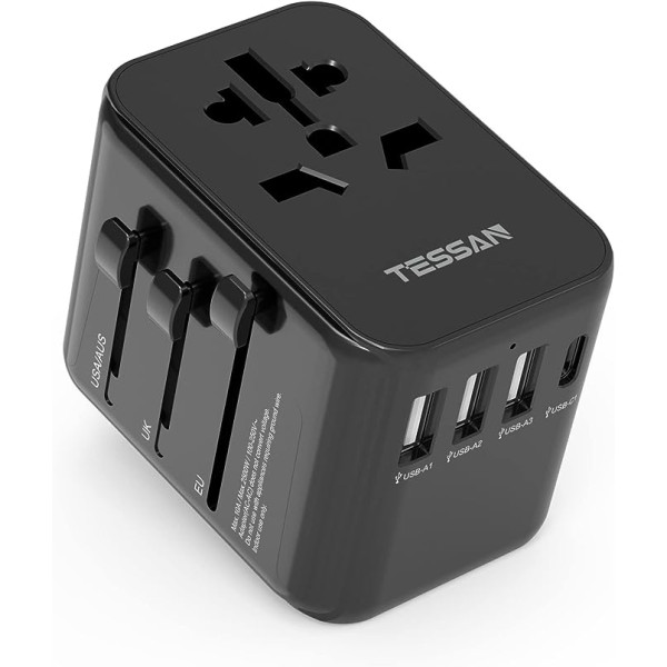 TESSAN ceļojumu adapteris visā pasaulē, universāls ceļojumu spraudnis ar 3USB, 1USB C un 1 maiņstrāvas ligzdu, starptautiskais kontaktligzdas adapteris, universālais adapteris Vācijai, ASV, Anglijai, Itālijai, Austrālijai, melns