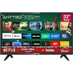 Antteq AV32 TV 32 collu (80 cm) viedtelevizors ar Netflix, Prime Video, Rakuten TV, DAZN, Disney+, YouTube, UVM, WiFi, trīskāršu uztvērēju DVB-T2/S2/C, Dolby Audio