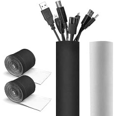 JOTO Plain Cable Tube [Paka 2] 13,5 cm x 330 cm Velcro ar regulējamu diametru, maināms melns/balts, elastīgs vadu organizētājs kabeļa vāka aizsardzības sistēma televizoram, datoram, mājas kinozālei - liela