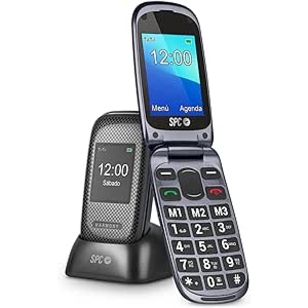 SPC Harmony — Mobiltelefons ar Klappdeckel für Senioren mit großen Ziffern und Buchstaben, Doppeltem Display, SOS-Taste, 3 Directspeicher, Ladestation