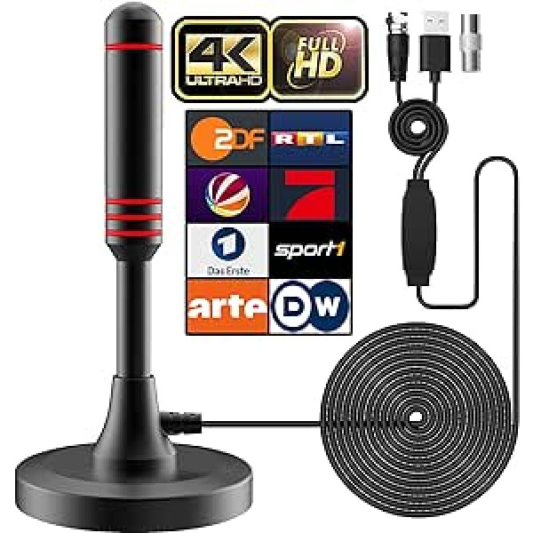 DVB-T/DVB-T2 antena ar pastiprinātāju — HDTV iekštelpu antena televizoriem, liela diapazona un 360° uztveršana, ar magnētisko pamatni — 5 metru kabelis, atbalsta 4K HD kanālus un visus televizorus