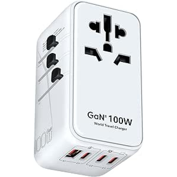 UOUCOO 100 W universāls ceļojumu adapteris visā pasaulē, GaN ceļojumu adapteris, 3USB-C PD un 1USB-A QC ligzdas adapteris, ar Lielbritānijas/ES/AU/AS ceļojumu spraudņa adapteri visā pasaulē Viss vienā MacBook Pro klēpjdatoriem iPad iPhone