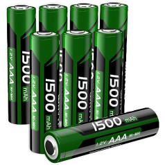 AAA Rechargeable Battery, 1500 mAh, Improved Ni-MH 1.2 V Long-Life AAA Batteries with High Capacity for Cameras, Toys, Remote Controls and Household Appliances etc. Pack of 8