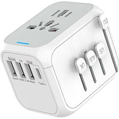 Ceļojumu adapteris visā pasaulē, Universālais ligzdas adapteris ar indikatora gaismu visā pasaulē Atbalsta 3 USB un 1 C tipa ceļojumu spraudņa adapteri ceļošanai un savienojumam ES UK AUS Asia White