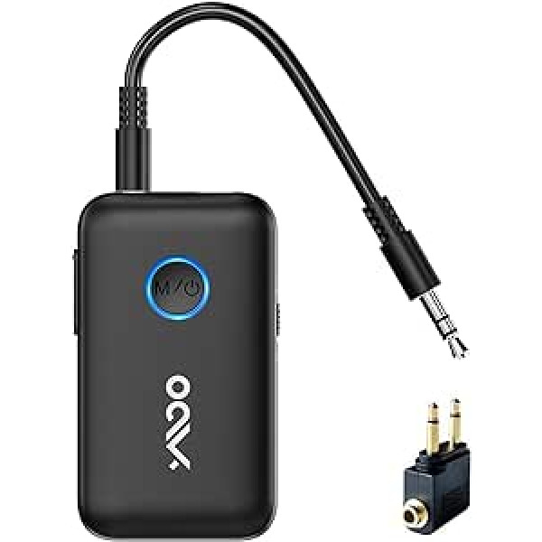 YMOO Bluetooth 5.3 audio adaptera savienošana pārī TV/lidmašīnas Bluetooth austiņas/skaļrunis, 3,5 mm ligzda Dual Link Bluetooth sadalītājs stereo audio/sporta zālei/datoram/mobilajam tālrunim/planšetdatoram, 22 stundu ilgs laiks