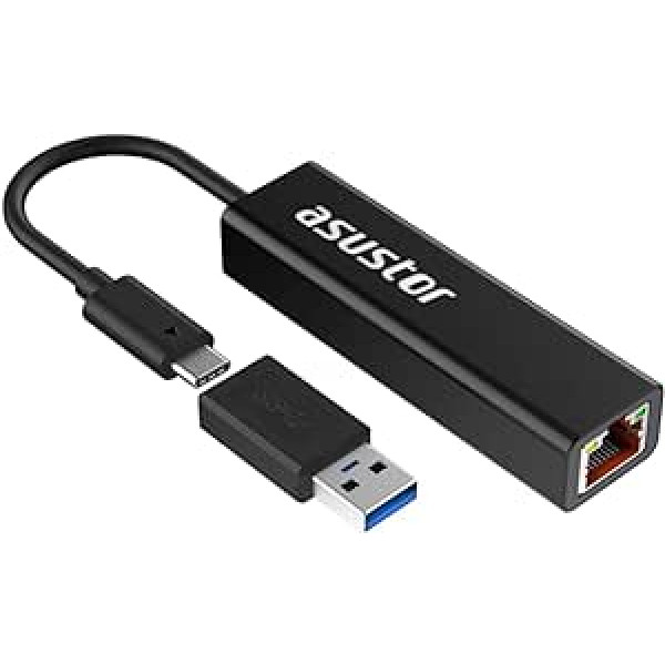 Asustor Ethernet adapteris, USB-C 3.2 Gen1 ar USB-A adapteri RJ45 2,5 Gigabit Ethernet, 2500/1000/100Mbps LAN tīkla adapteris MacBook, Chromebook, Windows, Mac OS NAS — AS-U2-U2 .5G2