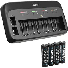 ABSINA Battery Charger X10 for AA, AAA & 9V - Battery Charger with 4 x AA 2900 Batteries - NiMH Charger 10-Way for Rechargeable Micro AAA, Mignon AA & 9V Block Batteries - Battery Charger