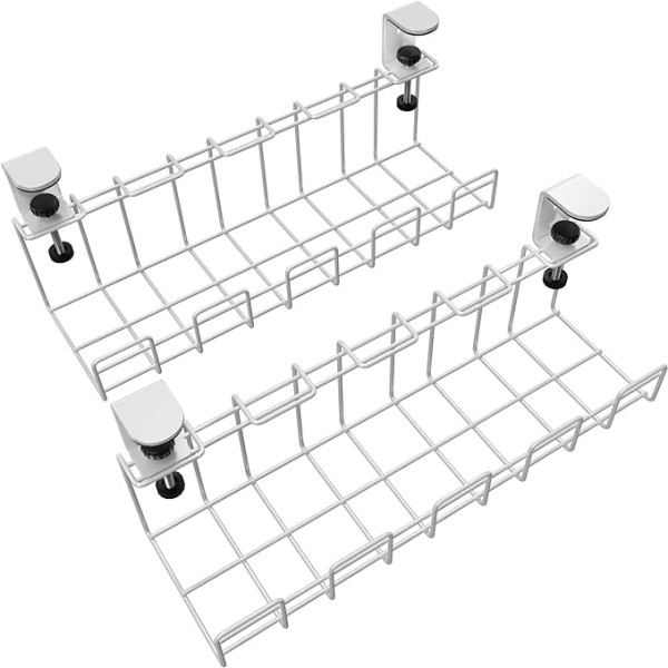 Kabelhalter Schreibtisch klemmbar für Ordnung am Arbeitsplatz – verstaut Kabel, Ladegeräte & Steckdosenleisten werkzeugfrei (2× Größe M, weißes Metall, Kabelorganizer & Kabelmanagement) KD Essentials