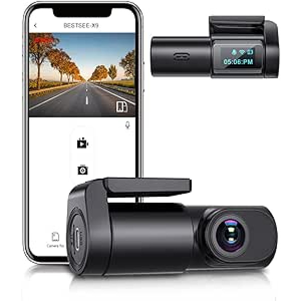 Bestsee Dash Cam automašīnas priekšpuse, 1080P WiFi automašīnas kamera, priekšējā mini kamera automašīnām, 170° platleņķis, G-sensors, lietotņu vadība, parkošanās uzraudzība, 2,4 GHz WiFi, cilpas ierakstīšana, nakts redzamība, maks. 