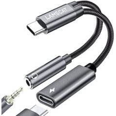 LAMSCAT USB C pie ligzdas adapteris un uzlāde, 2 in 1 C tipa līdz 3,5 mm austiņu adapteris Atbalsta 60 W ātru uzlādi Samsung Google, Xiaomi Huawei/Mini 6 un citiem tālruņiem (pelēks)