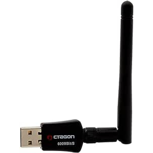 Octagon WL618 Optima WLAN 600 Mbit/s + 2dBi Antenna USB 2.0 Adapter with 2.4 & 5G Dual Band, VU+, Gigablue, Protek and Other Satellite Receivers with Linux E2 OS and Computer, Black