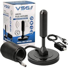 VSG® High-Performance DVB-T2 Antenna / AVK25 Plus / Aluminium Solid Core for Maximum Signal Quality / DVB-T2 & DVBT2-HD / Digital Ready / Magnetic Base and 5 m Cable / for All DVB-T2 Devices / Black