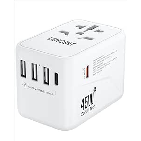 LENCENT universālais ceļojumu adapteris, GaN III 45 W starptautiskais lādētājs ar 3 USB un 2 USB-C PD ātrās uzlādes pieslēgvietām, globāls uzlādes adapteris A/C/G/I tipam, ASV/UK/ES/AUS ligzdas, balts