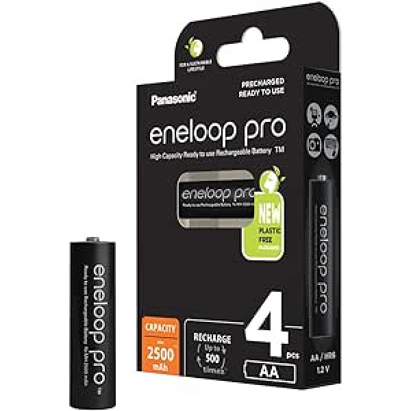 Panasonic eneloop Pro | Lietošanai gatavi NiMH akumulatori, AA/Mignon, 4 pack., vismaz 2500 mAh, 500 uzlādes ciklu kalpošanas laiks, zema pašizlāde, atkārtoti uzlādējamas baterijas iepakojumā bez plastmasas