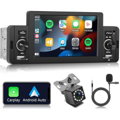 Podofo 1 DIN automašīnas radio Carplay Android Car Bluetooth 5.1 ar 5 collu ekrānu skārienekrānu Mirror Link Car Radio ar atpakaļskata kameru Dubultā USB/MIC/AUX/Video izeja/Stūres vadība