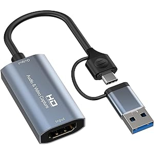 Uztveršanas karte, 4K 1080P USB uz HDMI video tveršanas karte, 60 FPS Full HD spēļu tveršanas karte, video tveršanas ierīce tiešraides straumēšanai un video ierakstīšanai darbam ar slēdzi, PS4, Xbox, OBS, DSLR, kamera, dators