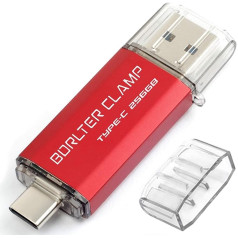 BORLTER CLAMP C tipa USB zibatmiņas karte 256 GB OTG 2-in-1 Memory Stick Dual Port USB 3.0 Flash Drive ar USB C savienojumu viedtālrunim, planšetdatoriem un datoriem (sarkans)