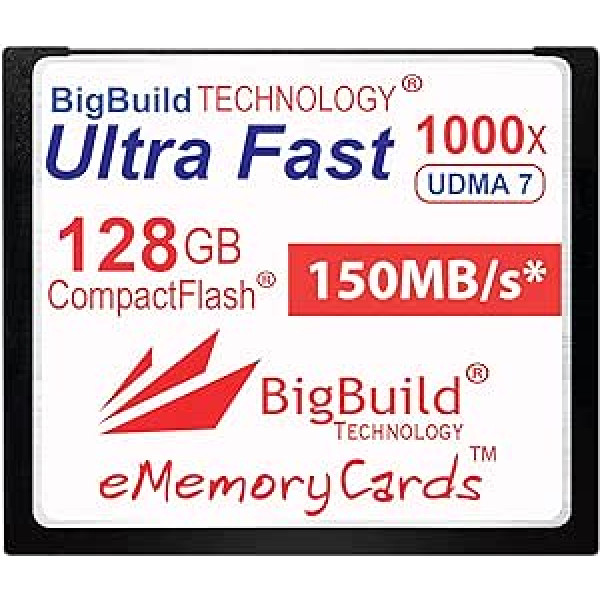 eMemoryCards 128GB īpaši ātra 150MB/s CompactFlash atmiņas karte, kas saderīga ar Canon 10D/20D/30D/40D/50D/1D/1Ds/5Ds/7D Mark I/II/III/IV, Nikon D, Olympus E, Sony Alpha, Leica S Kameras