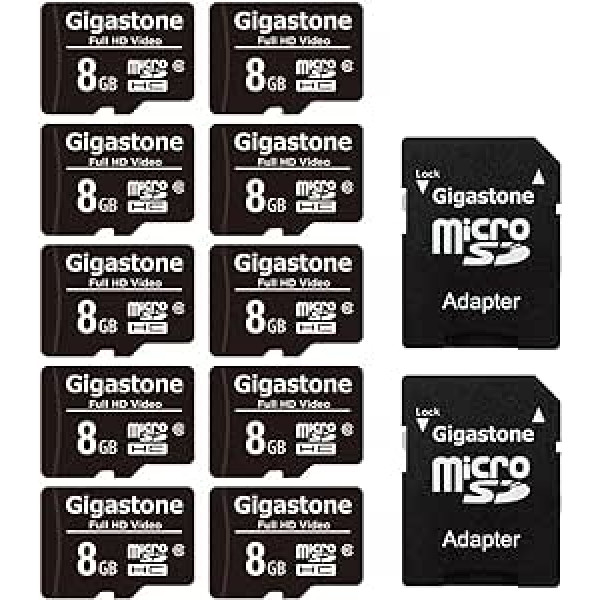 Gigastone 8GB MicroSDHC Memory Card Pack of 10 + SD Adapter for Action Camera, GoPro, Drone and Tablet, Read Speed up to 80MB/s, Full HD Video Recording, Micro SD Card UHS-I Class 10 U1