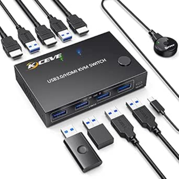 USB 3.0 KVM slēdzis, KVM HDMI slēdzis 2 datoriem, atbalsta 4K@60Hz izšķirtspēju 2 datoru koplietošanas pelei, tastatūrai un monitoram