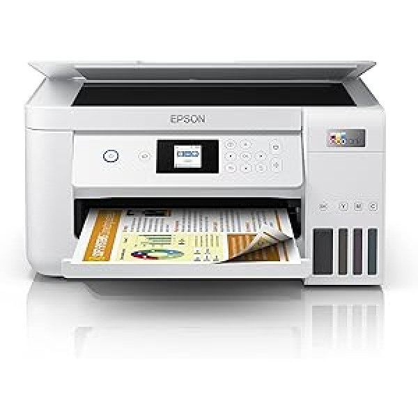 Epson EcoTank ET-2856 3-in-1 krāsu tintes daudzfunkcionālais printeris (kopētājs, skeneris, printeris, DIN A4, duplekss, WiFi, displejs, USB 2.0), liela tintes tvertne, liela diapazona, balta, 375 x 347 x 187 mm