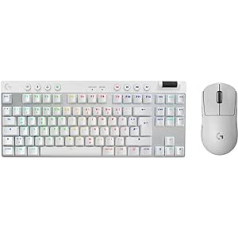 Logitech G PRO X TKL LIGHTSPEED bezvadu spēļu tastatūra + Logitech G PRO X Superlight 2 Lightspeed bezvadu spēļu pele, PC, Mac, QWERTZ vācu izkārtojums, balts