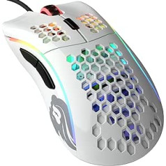 Glorious Gaming Model D Vadu spēļu pele — īpaši viegls šūnveida dizains ar 68 g, RGB apgaismojums, ergonomisks, Pixart 3360 sensors, Omron slēdži, PTFE pēdas, 6 pogas — spīdīgi balta