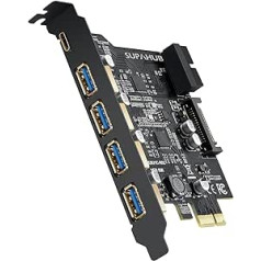 SupaHub PCI-E uz USB 3.0 A tipa karti (4) un C tipa (1) 5 USB 3.0 porti, USB 3.1 Gen1 PCI Express kartes joslas platums līdz 5 Gb/s, 2 USB 3.0 pieslēgvietu paplašinājums priekšējā panelī