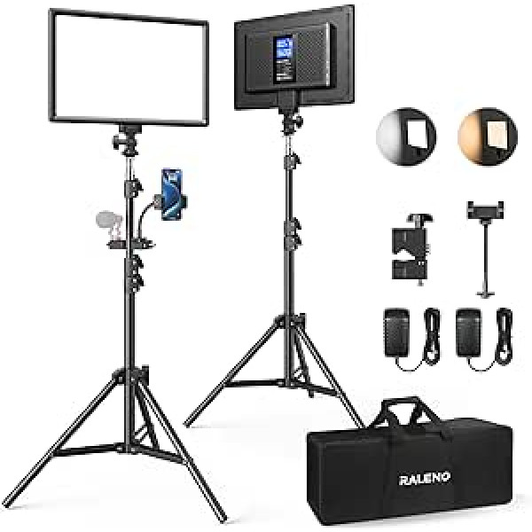 RALENO LED Video Camera Light, Pack of 2, 384 LED Soft Video Light with 79 Inch Adjustable Tripod Handbag, 3200-5600K Two-Tone Brightness (0-100%), Dimmable CRI95 for YouTube Photography Studio Set