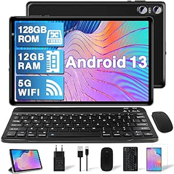 YESTEL planšetdators 10 collu Android 13 OS ar 5G WiFi, procesors 2,0 GHz, FHD planšetdators 2 in-1,12 GB RAM 128 GB ROM (TF 4-1 TB), astoņkodolu, 6000 mAh, 5 MP+8 MP, Bluetooth 5.0 ar tastatūru, planšetdators Melns