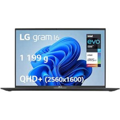 LG Gram 16Z90R-G.AD75F klēpjdators 16 collu 1199 g, IPS displejs QHD+ formāts 16:10, Intel® Evo™ i7-1360P, RAM 32 GB, SSD 512 GB NVMe, Intel Iris Xe Graphics, Thunderbolt™ 1, 4, Windows AZERTY tastatūra,