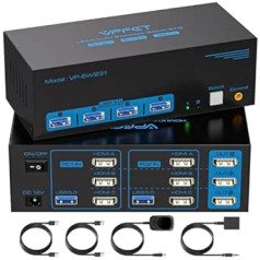 8K60Hz HDMI KVM slēdzis 2 datori 3 monitori USB 3.0 KVM slēdzis 3 porti ar 4 USB portiem 2 datoriem, kas koplieto 3 monitorus un 4 USB ierīces atbalsta paplašināto un kopēšanas režīmu ar 2 USB kabeļiem