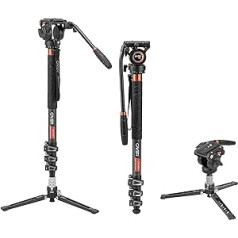 Cayer CF34DV profesionālais video monopods 71 collu oglekļa šķiedras monopods ar panorāmas noliekšanas šķidruma galvu un 3 kāju statīva pamatni DSLR videokamerām un 1 papildu bīdāmu plāksni