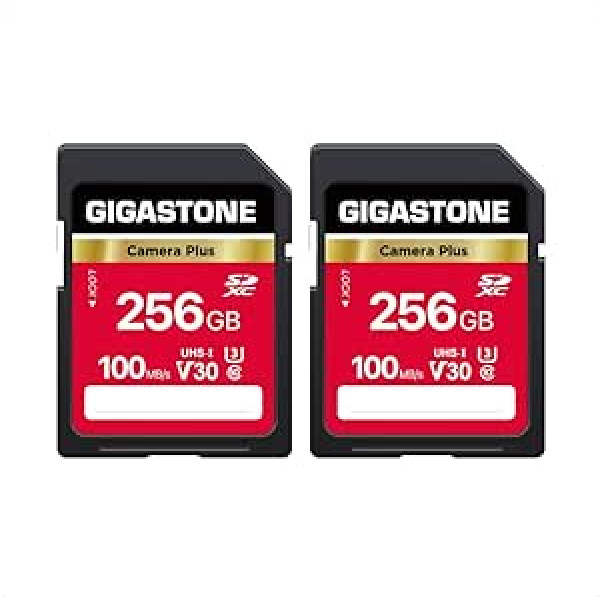 Gigastone Camera Plus 256 GB SDXC atmiņas karte līdz 100 MB/s Canon Sony Nikon Olympus digitālajām kamerām 4K UHD video ierakstīšana UHS-I U3 V30 Class 10 ar 2 mini futrāļiem