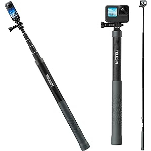 TELESIN 120 cm oglekļa šķiedras pašbildes nūja Monopoda pagarinātājs GoPro Hero Max 12 11 10 9 8 7 Series Insta360 X3, ONE X2, ONE R, ONE X, DJI Action 3 kamerām