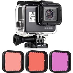 GEPULY ūdensizturīgs korpuss ar niršanas filtru GoPro Hero 7 Black, Hero 6 Black, Hero 5 Black, Hero (2018) kamerai - 45 metru zemūdens fotogrāfija - ar sarkaniem, spilgti sarkaniem un purpursarkaniem filtriem