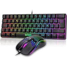 RedThunder 60% tastatūras un peles komplekts 2 vienā franču AZERTY Mini Keyboard Ultra Compact Backlit RGB 62 Keys 6 Keys 7200 DPI PC Mac PS5 Xbox Gamer