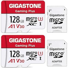 Gigastone Gaming Plus 128GB MicroSDXC atmiņas karte 2-pack + SD adapteris Nintendo Switch, līdz 100/50MB/s. UHS-I A1 U3 V30 10. klase, 4K UHD video mikroSD karte